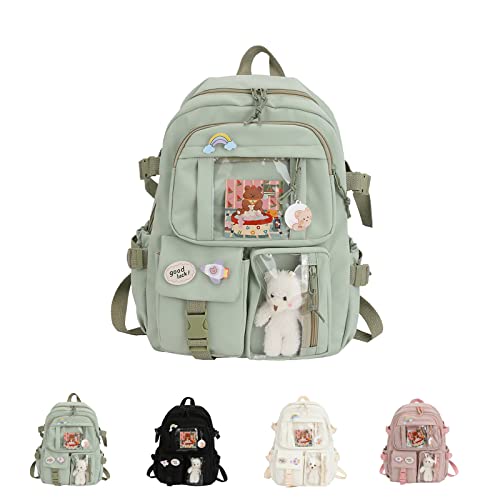 Kawaii Aesthetic Backpack, Kawaii Backpack with Kawaii Pin and Accessories, Light Academia Aesthetic Backpack, Girls School Cute Preppy Travel Backpack (Green) Cover