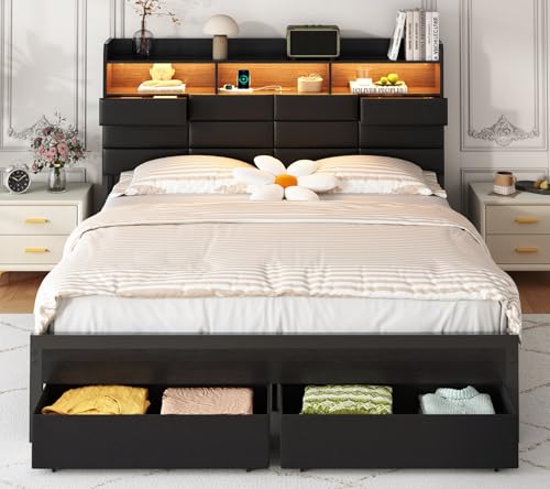 Etditrnp Queen Bed Frame with Storage Headboard, Upholstered Black Bed Frame with 4 Drawers, LED Lights, and Charging Station, Heavy-Duty Metal Slats Support, Noise-Free