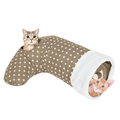 Image of Pawaboo Cat Tunnel Christmas Sock with Bell Balls, Upgraded 2 Way Cat Tunnel Interactive Toy for Christmas, Pet Xmas Stocking for Cat Kitty Kitten, Beige