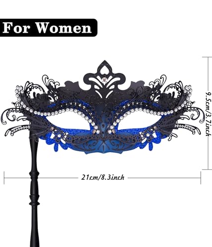 SIQUK Couple Masquerade Masks with Holding Stick Venetian Party Mask Halloween Costume Carnival Mask for Couples Women and Men Phoenix Tail Black and Blue - Image 3