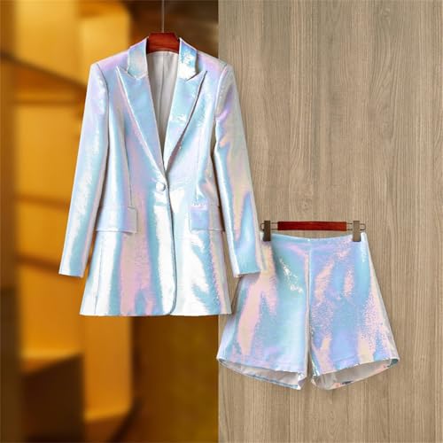 Women Sequin Blazer and Short Set 2 PC Slim Fit Notch Lapel Prom Party Glitter Suit2