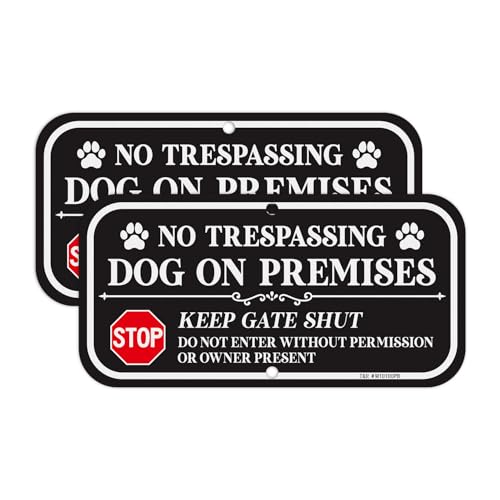 T&R No Trespassing Dog On Premises Sign Keep Gate Shut Do Not Enter Sign - 2 Pack - 12 x 6 Inches Rust Free .040 Aluminum Reflective - UV Protected Waterproof Weatherproof and Fade Resistant - 2 Pre-drilled Holes(Black)