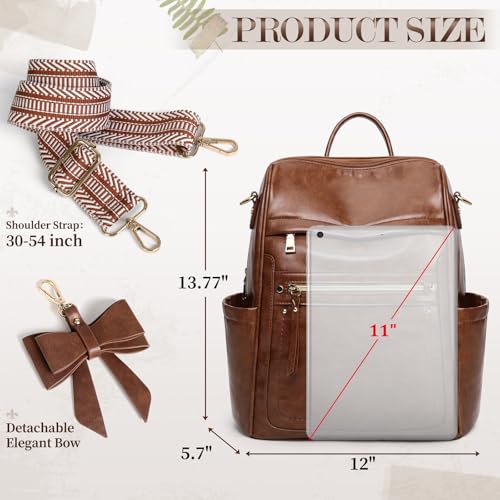 Image of RAINSMORE Backpack Purse for Women, Waterproof Leather Backpack Purse Lightweight Travel Fashion Backpack Convertible Designer Ladies Shoulder Bag with Bow, Brown