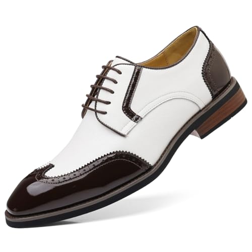 TvzsiY Chaussures Oxford Bicolore Bout d'aile pour Hommes Chaussures habillées à Lacets Antidérapantes pour Mariage Bal de Promo,Blanc,46 EU