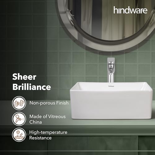 Image of Hindware Tozzo Table Top Wash Basin for Bathroom | Made of Ceramic | Star White | Rectangular Shape | Over the Counter Basin
