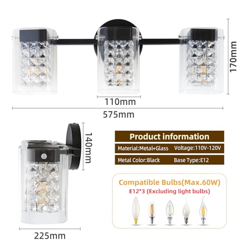 Image of Modern Crystal Vanity Lights, 3-Light Black Bathroom Light Fixtures with Clear Shades, Bathroom Lighting Fixtures Over Mirror Wall Light for Hallway, Decoration,Bedroom(Exclude Bulb)