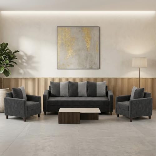 Image of FURNY Rion 3 Seater + 1 Seater + 1 Seater Fabric Sofa Set (Dark Gray-Light Gray) with Velvet Finish | Durable Comfort | Ideal for Living Room