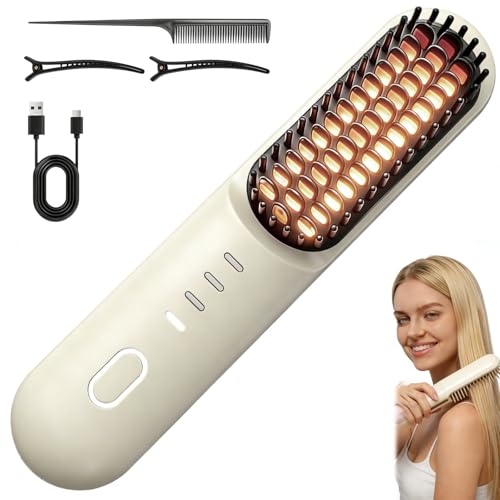 Go Brush Pro for Short Hair - 2026 Upgraded Cordless Hair Straightening Brush 4 Temperature Settings Fast Heat MCH Ceramic Care 4000mAh Rechargeable Straightener for Frizz-Free StylingBeige
