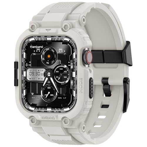 Image of amBand Compatible with Apple Watch Series 9 /8 /7 /6 /5 /4 & SE 3 /2 /1 41mm /40mm Band Case for Men, M1 Sport Rugged Case with Strap Military Protective Cover Bumper for iWatch 41 /40 mm 38mm - Sand White