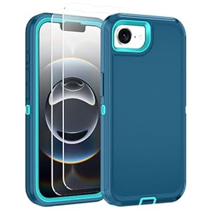 for iPhone 16e Case with 2 Pack Tempered Glass Screen Protector Heavy Duty Protective Shockproof 3-Layer Full Body Protection Tough Rugged Cover for Apple iPhone 16e 6.1″,Turquoise
