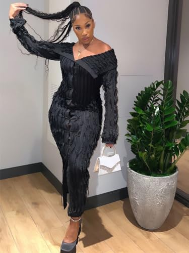 Sexy Button Down Dresses for Women Date Night Off Shoulder See Through Mesh Ruffle Bodycon Maxi Dress4