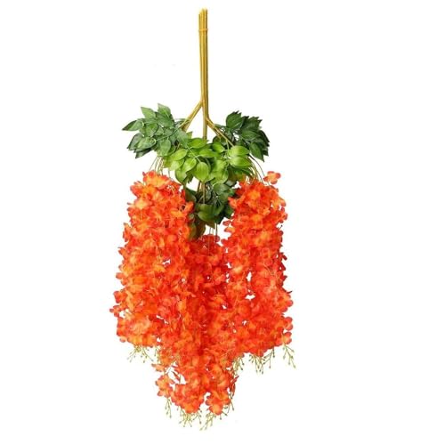 Image of 6 Pcs Artificial Polyester Hanging Flower Wisteria Vines Fake Flowers Vines for Home Party Wedding Garden Outdoor Greenery Decoration (6, Orange)