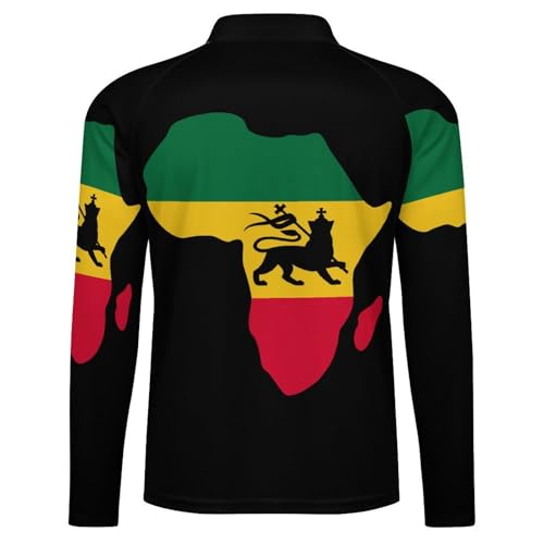 Map of Africa and Lion Rastafarian Flag Men's Rash Guard Long Sleeves Quick Dry Fishing Workout Shirts with Zipper 5