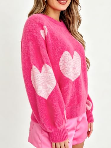Image of Women's Cute Heart Sweater Love Print Valentine Romantic Knitted Top Casual Crewneck Long Sleeve Sweaters Pullover