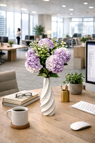 Image of Premium Combo Artificial Hydrangea Flower Bouquet with Designer Ceramic Vase | 7 Heads Snowflake Fabric Real Touch Flowers | Luxury Home Decor for Living Room(ND-14)
