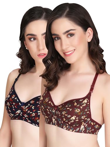 Image of Women Padded Printed Bra - Made of Pure Cotton Full Coverage Non Wired Seamless Pushup Soft Cup for T-Shirt Saree Dress Sports Garment for Daily Use Everyday Black
