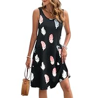 AUSELILY Robe d'été sans Manches pour Femmes Midi Robes de Plage décontractées Robe d'été légère à Volants avec Poches pour Femmes Plume colorée L