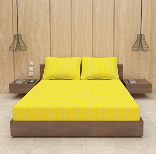 Image of BEVI - Home Premium Self Striped Double King Bedsheet with 2 Pillow Covers 300 TC Ultra-Soft 300 TC Microfiber Bed Sheet| Size (90 inch x 100 inch) Yellow