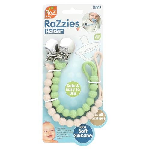 Image of RaZbaby Silicone Pacifier Holder 2 Pack, RaZzies Durable Textured Lanyard Fits Most Pacis Toys, 100% Soft BPA-Free Silicone, Attachable Clasp, Universal Fit, Lightweight – Tan/Green