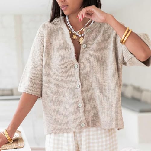 Image of Women Short Sleeve Sweater Cropped Cardigan Button Front Knit Chunky Vest Trendy Y2k Preppy Girl Knitted Top Shirt Dark Khaki
