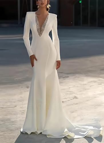 Long Sleeves Mermaid Formal Dresses with Train Long V Neck Wedding Guest Dresses for Bride Satin Party Gowns2