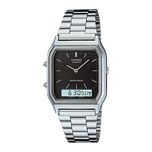 Casio Vintage AQ-230A-1DMQ Analog-Digital Black Dial Unisex Watch Silver Metal Strap (AD01)