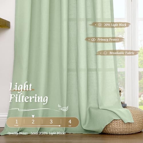 Image of LAMIT Small Window Linen Curtains, 45 Inch Length Light Filtering Faux Linen Textured Neutral Decorative Rod Pocket Drapes for Bedroom, Light Green, 2 Panels Set, 42 X 45 Inch