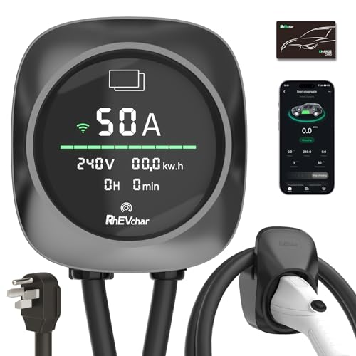 RhEVchar EV Charger 50 Amps, Smart Screen Level 2 Charging Station with WiFi, 240V J1772 Home Electric Vehicle Charger NEMA 14-50 Plug or Hardwire, APP Controlled Car Charger ETL Listed