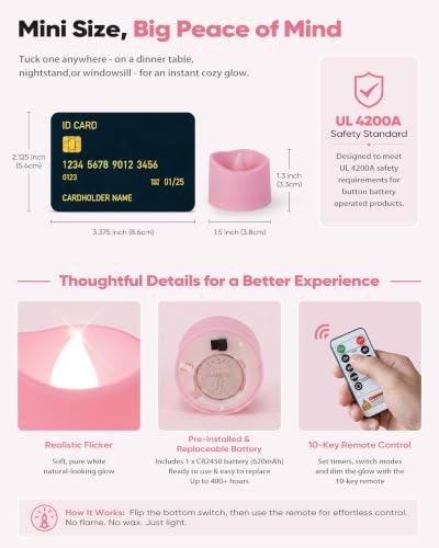 Image of Homemory 24-Pack Pink Remote Flameless Battery Tea Light Candles, 400+ Hrs | 2 /4 /6 /8H Timer LED Flickering Tealight Votives for Valentine's Day, Bridal Showers, Birthdays and Baby Showers