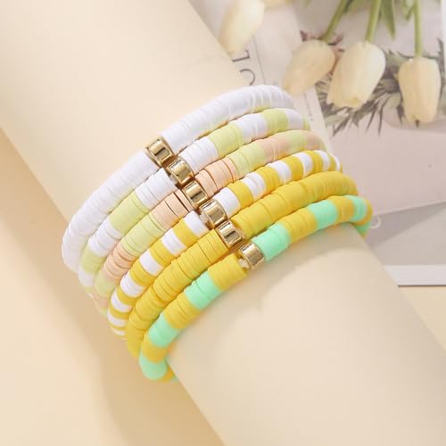 Image of COLORFUL BLING 6Pcs /Set Bohemia Heishi Clay Surfer Bead Stretch Bracelets Vinyl Disc Polymer Stackable Layering Bracelet Set Preppy Summer Beach Jewelry for Women