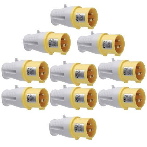 Image of kenable Rewireable Industrial Site Power Plug 110V 16A Yellow IP44 2P+E Cable Mount - 10 Pack