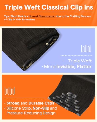 Image of Full Shine Black Clip in Hair Extensions, for Short Hair, 10 Inch | Clip in Extensions Real Human Hair, Black Hair Extensions Clip ins, Straight Invisible, 7 Pcs 95g