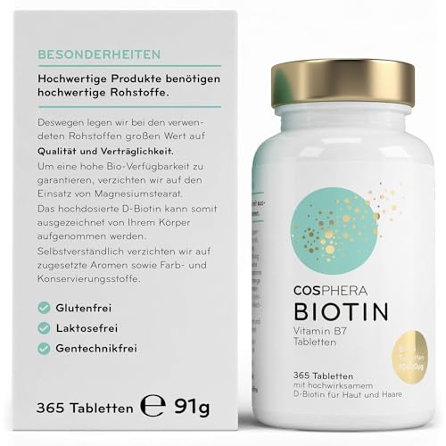 Biotin Tabletten - Hochdosiert mit 10.000 mcg D-Biotin pro Tablette - 365 vegane Tabletten im 1-Jahresvorrat - für schöne Haare und Haut - Vitamin B7 trägt zur Erhaltung normaler Haut und Haare bei