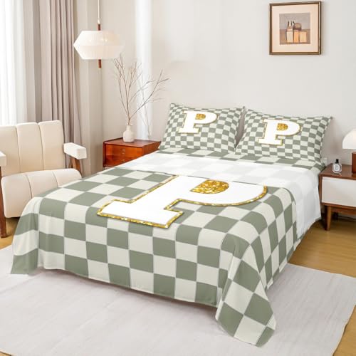 Image of Erosebridal Sage Green Checkered Sheet Set Queen Plaid Initial P Bed Sheets Personalized Monogram Bedding for Kids Boys Girls,Fashion Grids Gingham Bed Sheets Set 4 Piece