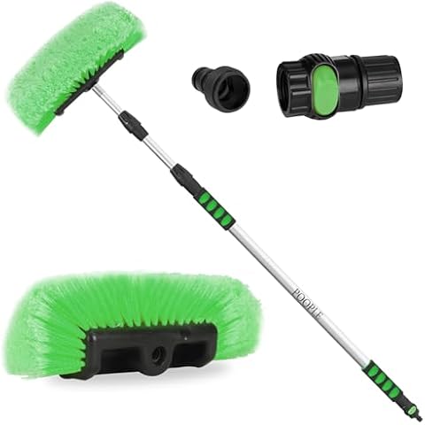 POOPLE 11' Car Wash Brush with Long Handle, 12-inch Flow-Thru Soft Bristle Car Cleaning Brush with Extendable Handle and Hose Attachment for Car, RV, SUV, Truck, Boat, House Siding, Solar Panels,Green Cover