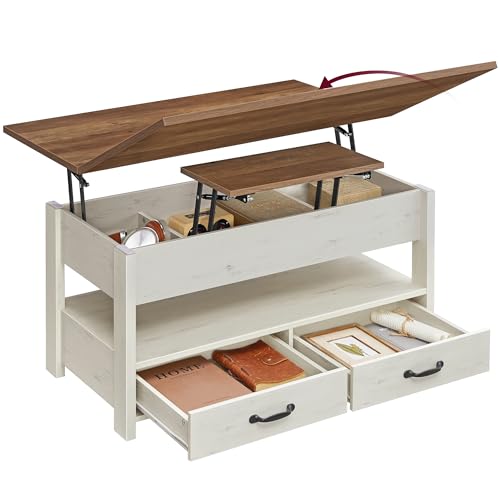 VASAGLE Table Basse Relevable, Vérin à Gaz, 2 Tiroirs et 3 Compartiments sous Le Plateau, 1 Compartiment Ouvert, pour Salon, Bureau, Salle à Manger, Marron...