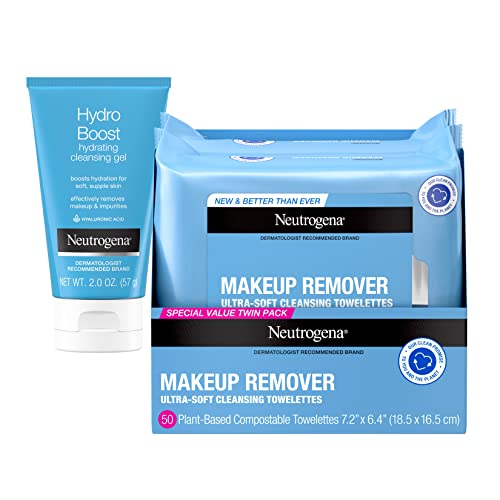 Neutrogena Makeup Remover Cleansing Towelettes, 25 Count, Twin Pack & Neutrogena Hydro Boost Hydrating Cleansing Gel, 2 Oz Ecom Bundle
