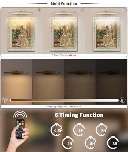Image of Joosenhouse Battery Operated Picture Light Wireless Gallery Light with Remote Control Rechargeable Wall Lights Brass 15.35 inch Dimmable and Timed Off Wall Sconce Light