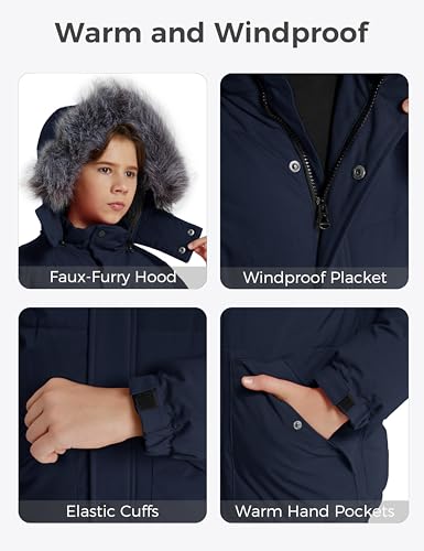 Image of wantdo Boys' Winter Coat Waterproof Puffer Jacket with Detachable Hood | Removable Faux Fur Hood,5000mm Waterproof,Fleece Lined,Outerwear,Machine Washable