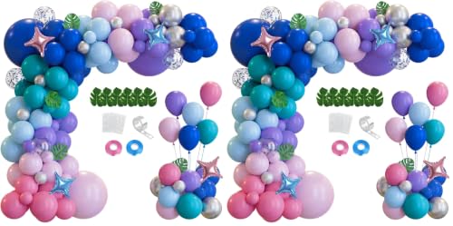 Image of 148pcs Stich Blue Purple Pink Balloon Arch Garland Kit Silver with Palm Leaves Foil Star for Hawaii Tropical Cartoon Summer Pool Theme Party Gender Reveal Decorations (Pack of 2)