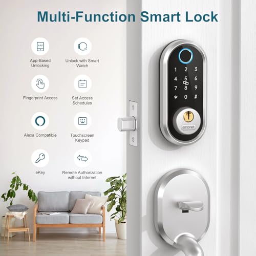 Image of Smart Keyless Entry Door Lock - SMONET Fingerprint Electronic Deadbolt Touchscreen Keypad Biometric Digital Bluetooth Door Lock Smart Deadbolt Compatible with Alexa for Homes and Hotel Silver