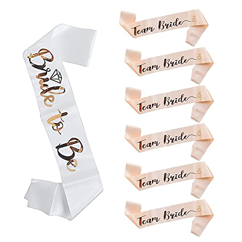 Juego de 7 bandas decorativas JGA para mujer, 6 fajas del equipo de novia + 1 banda de novia con letras brillantes en oro rosa para bodas, despedidas de soltera, fiesta de gallina