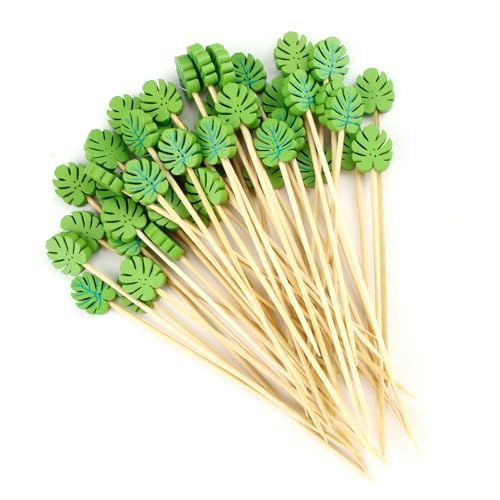 THKO 100 Piezas Palillos para Aperitivos, Brochetas Chuches, Palitos de Cóctel, Palillos Tarta Chuches, Decoración de Cócteles Fiesta Pinchos Palillos de Dientes - 12cm Hojas Verdes