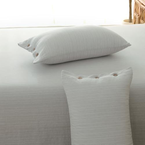 Image of Story@Home Linen King Size Bedsheet Cotton Textured Flat Sheet with 2 Pillow Covers Super Soft Bed Sheet for King Size Bed | 300 TC Striped Pattern | 250 x 270 cm | Light Grey