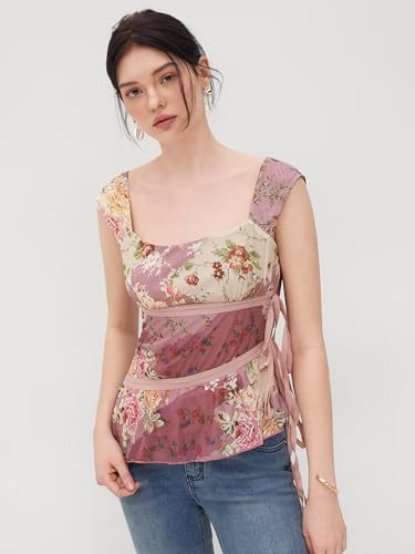CIDER Tank Tops Floral Mesh Top Ruffle Trim Asymmetrical Knotted U Neck Sleeveless Casual Going Out Top2