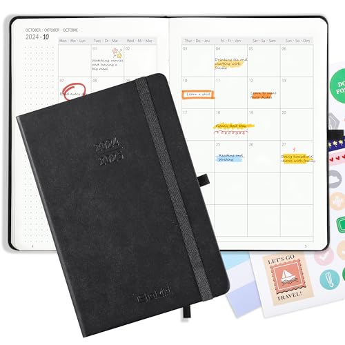 Kalender 2025 Buchkalender A5 1 Woche 2 Seiten,Terminplaner 2025 (Oct.2024-Dez.2025) mit 100 g/m² Papier,Planer 2024/2025 mit PU-Leder Hardcover Für Schulplaner,Terminkalender (Schwarz)