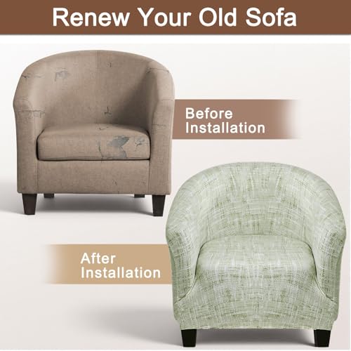 Image of SearchI Club Chair Slipcover Stretch Barrel Chair Covers Printed Tub Chair Slipcovers Soft Spandex Armchair Sofa Cover Removable Couch Furniture Protector for Living Room (Green Linen-Look Print)
