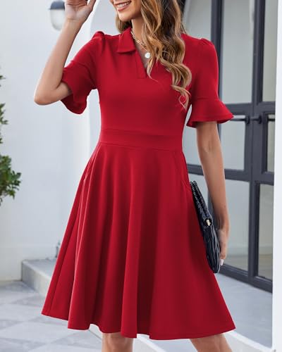 Image of Mokayee Womens Summer Ruffle Sleeve Collared V Neck Fit and Flare Elegant A line Swing Dresses with Pockets