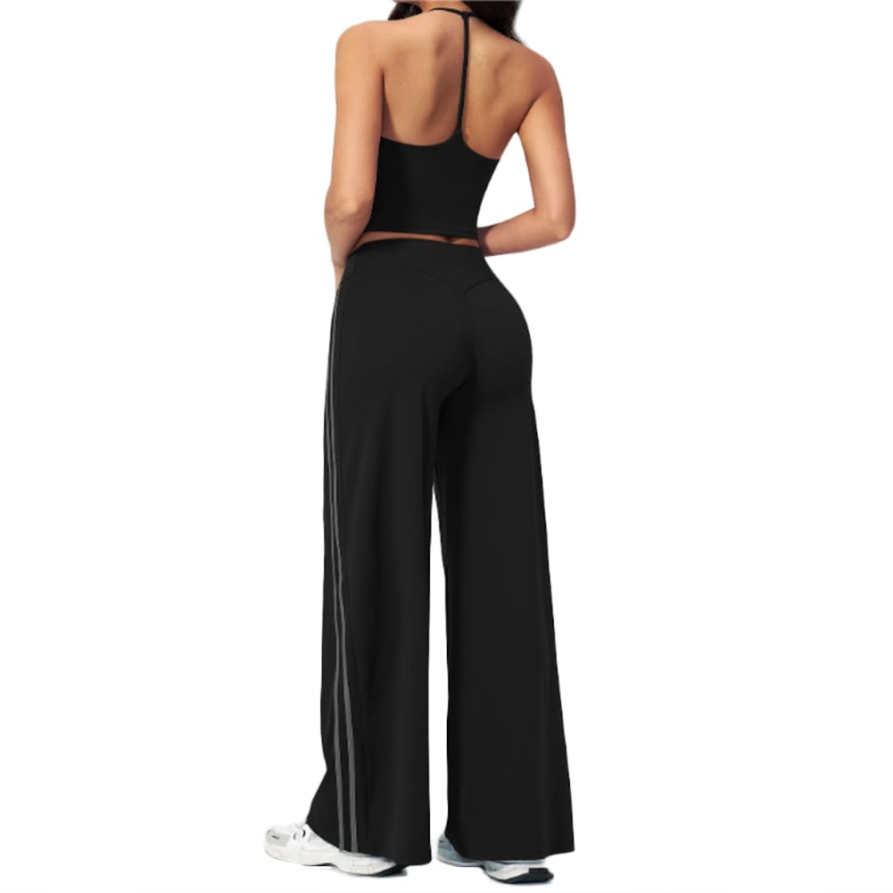 Ensemble yoga deux pièces soutien-gorge sport et legging pour gym course | Camisole sport col V à brides tour de cou, pantalon taille haute à jambes larges avec rayures latérales contrastées