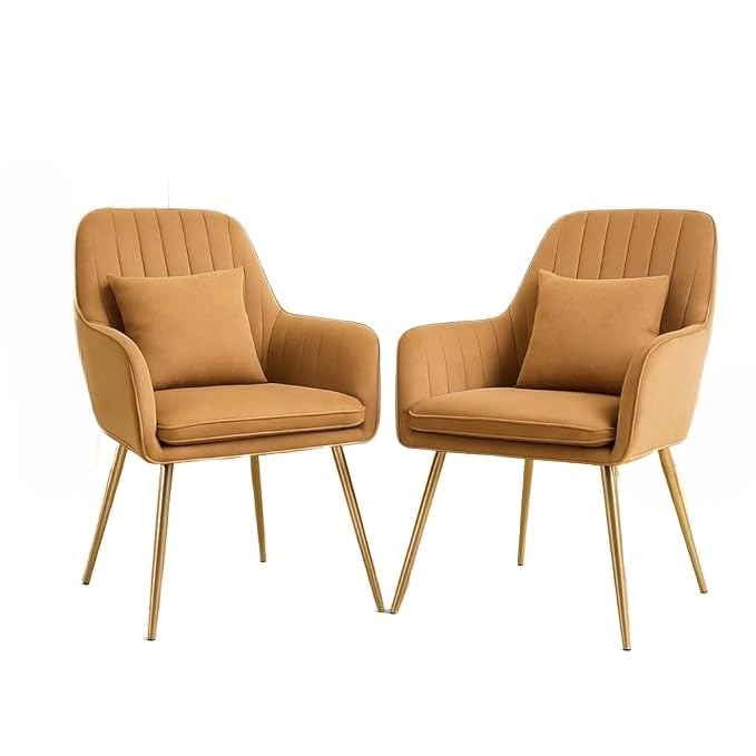 Image of Toxigo Velvet Office and Garden Area Outdoor Chairs | Cushion Seat Chair with Pillows for Modern Contemporary Upholstered with Polished Rosegold Metal Designer Piece | Set of 2 (Light Brown)